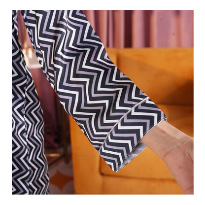 Basix Women's Zig Zag Loungewear 2-Piece Set, Black Steel Grey & White, LW-667