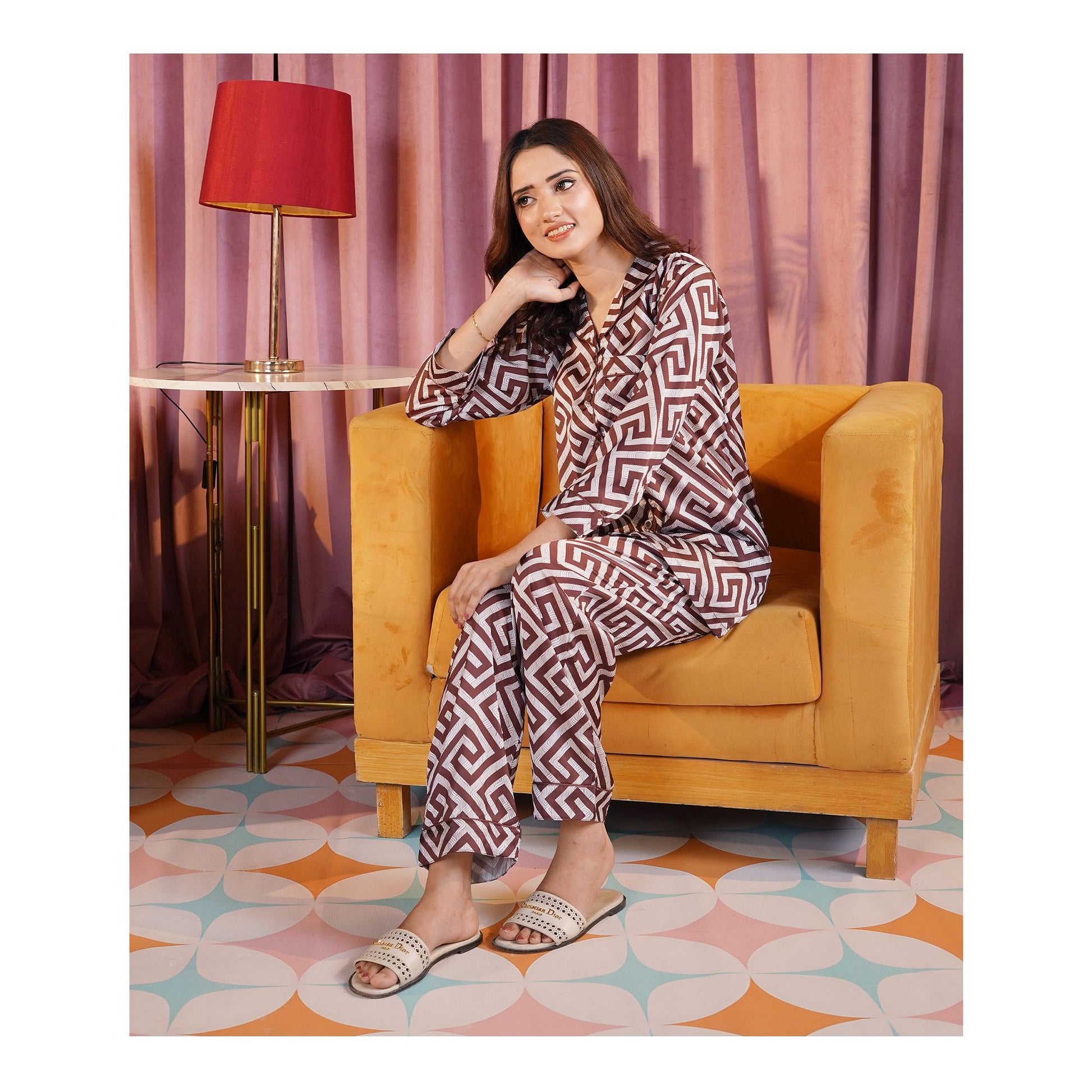 Basix Women's Geometric Pattern Loungewear 2-Piece Set, Chocolate Brown & Ivory, LW-666