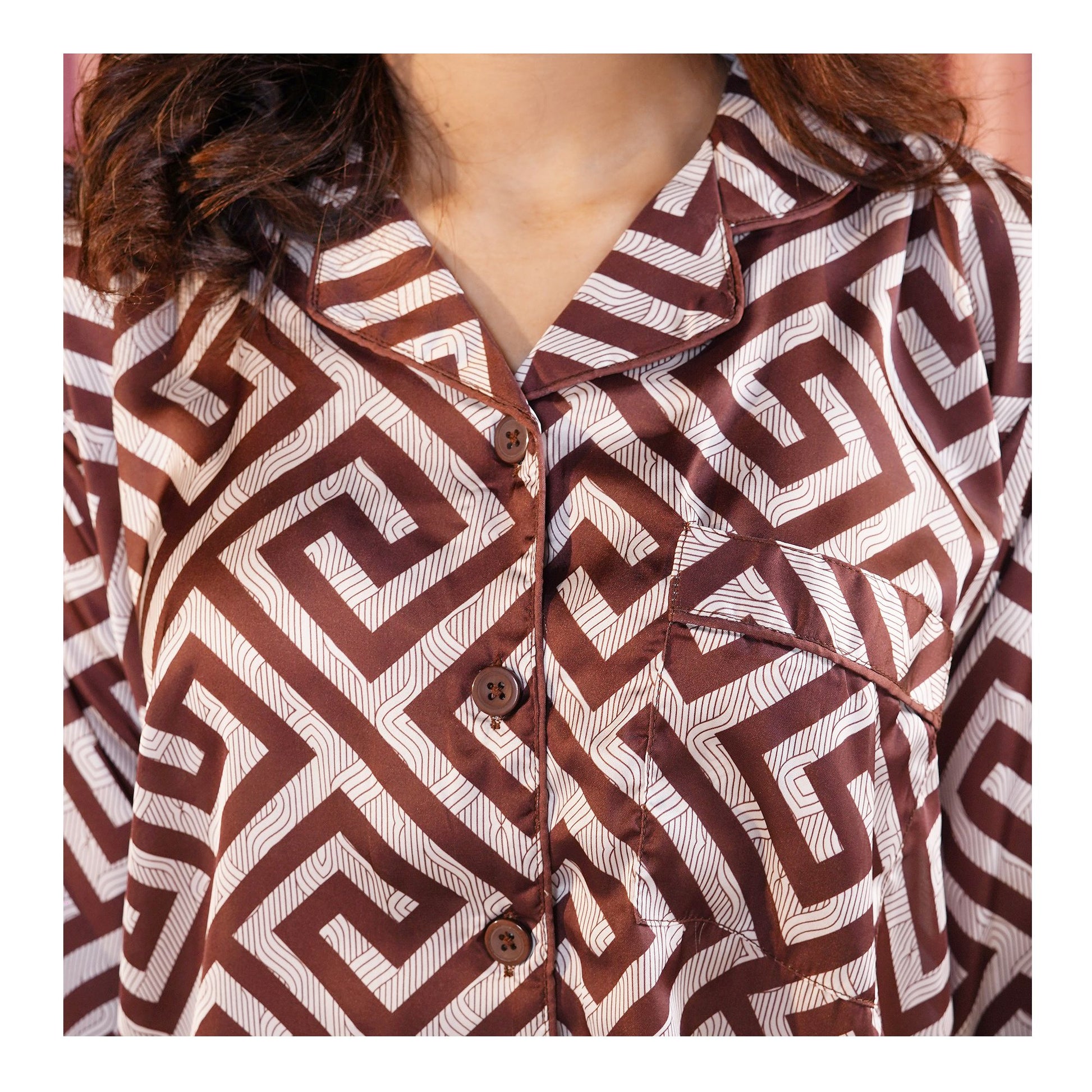 Basix Women's Geometric Pattern Loungewear 2-Piece Set, Chocolate Brown & Ivory, LW-666