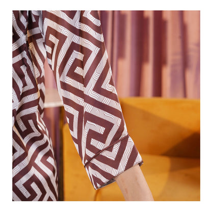 Basix Women's Geometric Pattern Loungewear 2-Piece Set, Chocolate Brown & Ivory, LW-666