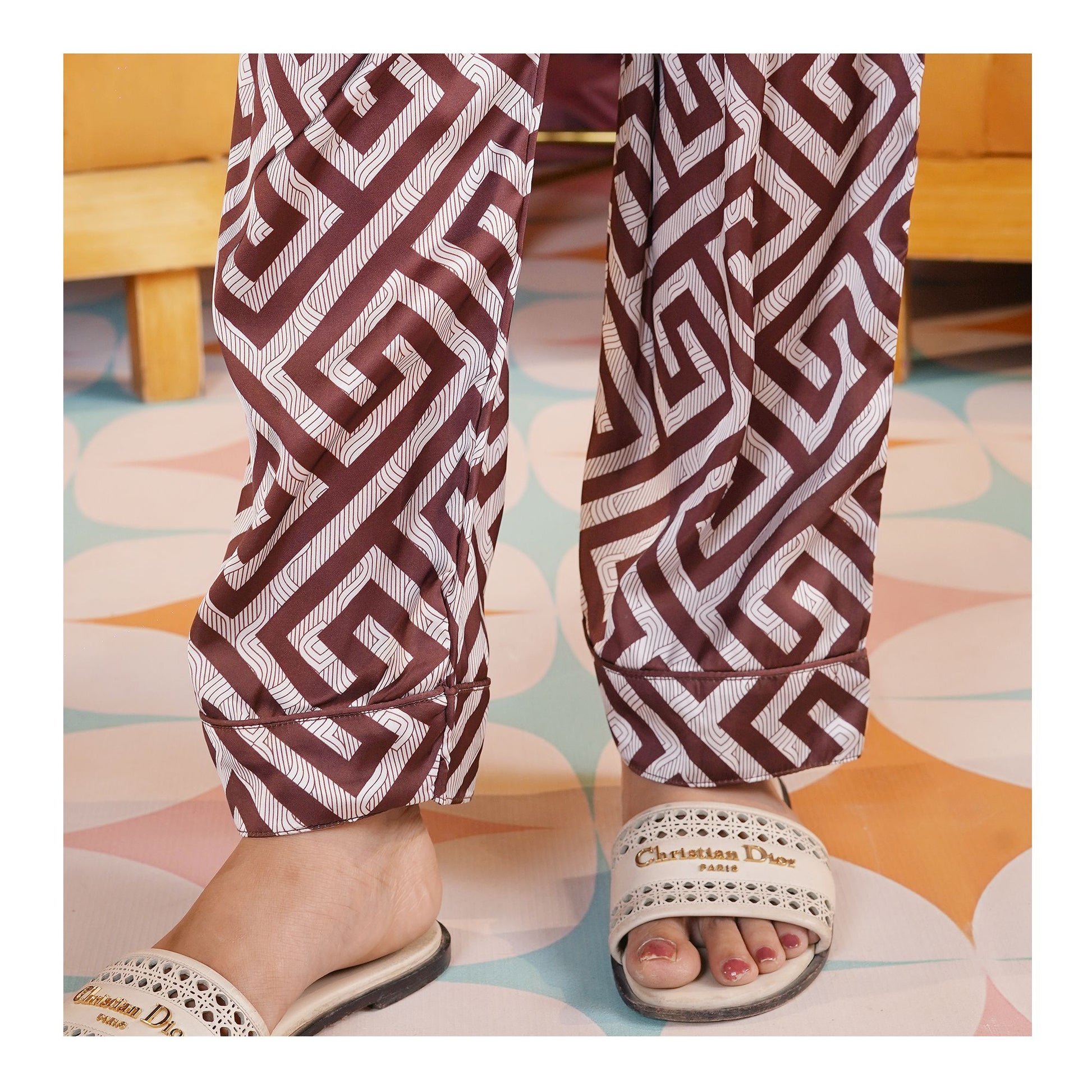 Basix Women's Geometric Pattern Loungewear 2-Piece Set, Chocolate Brown & Ivory, LW-666