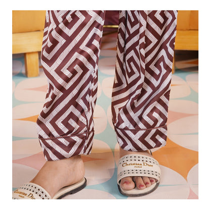 Basix Women's Geometric Pattern Loungewear 2-Piece Set, Chocolate Brown & Ivory, LW-666