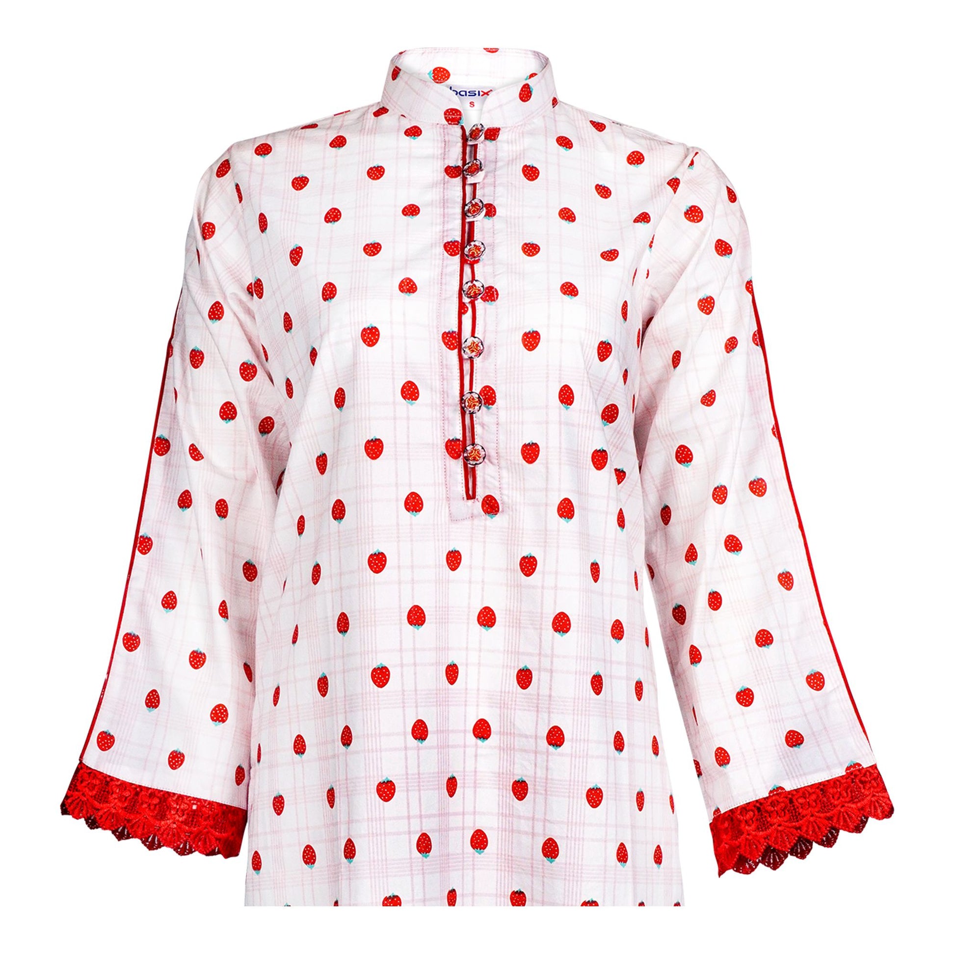 Basix Women's Cotton Strawberry Lace Embellished Fancy Button Shirt, LS-501