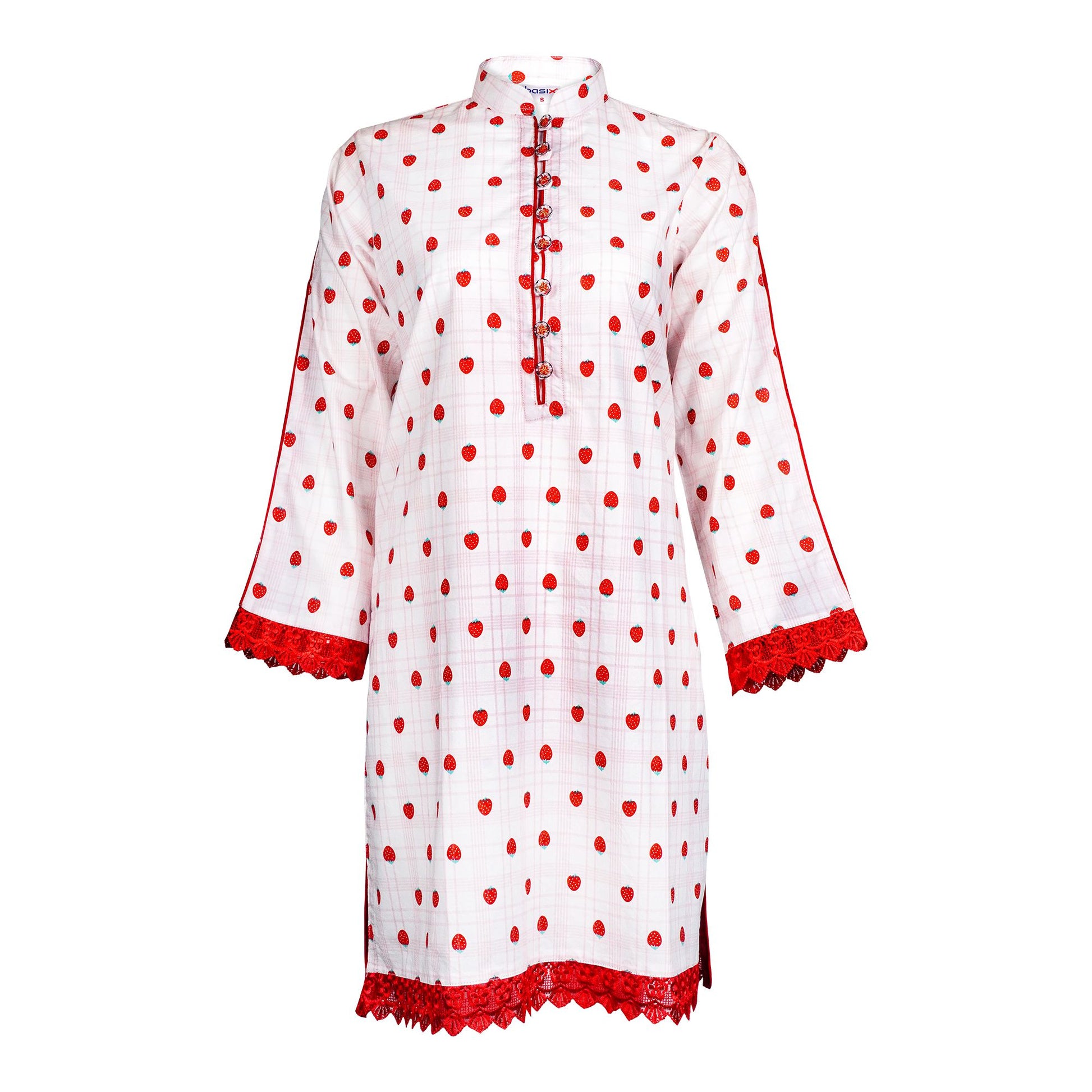 Basix Women's Cotton Strawberry Lace Embellished Fancy Button Shirt, LS-501