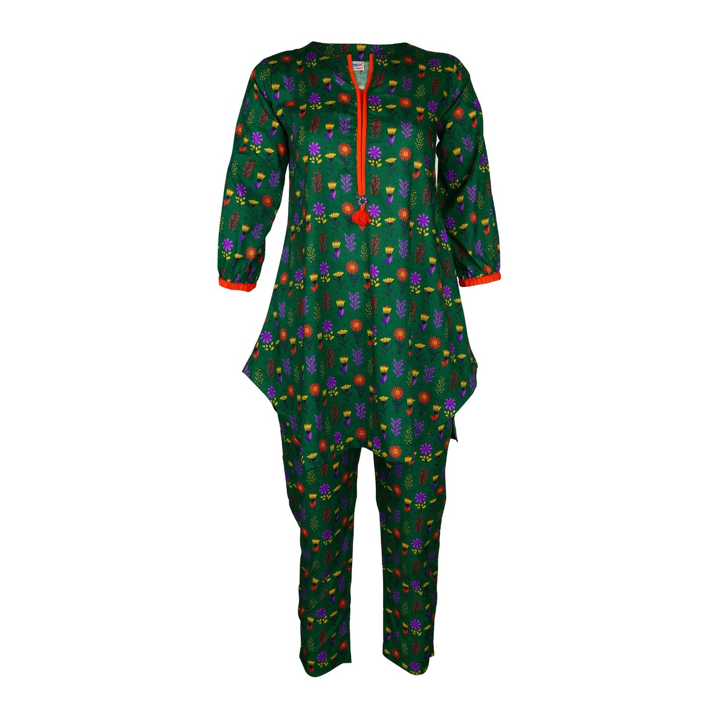 Basix Girls Dark Green Red & Purple Flora Cotton Cambric, 2 Piece - Shirt & Trouser, GRL-160