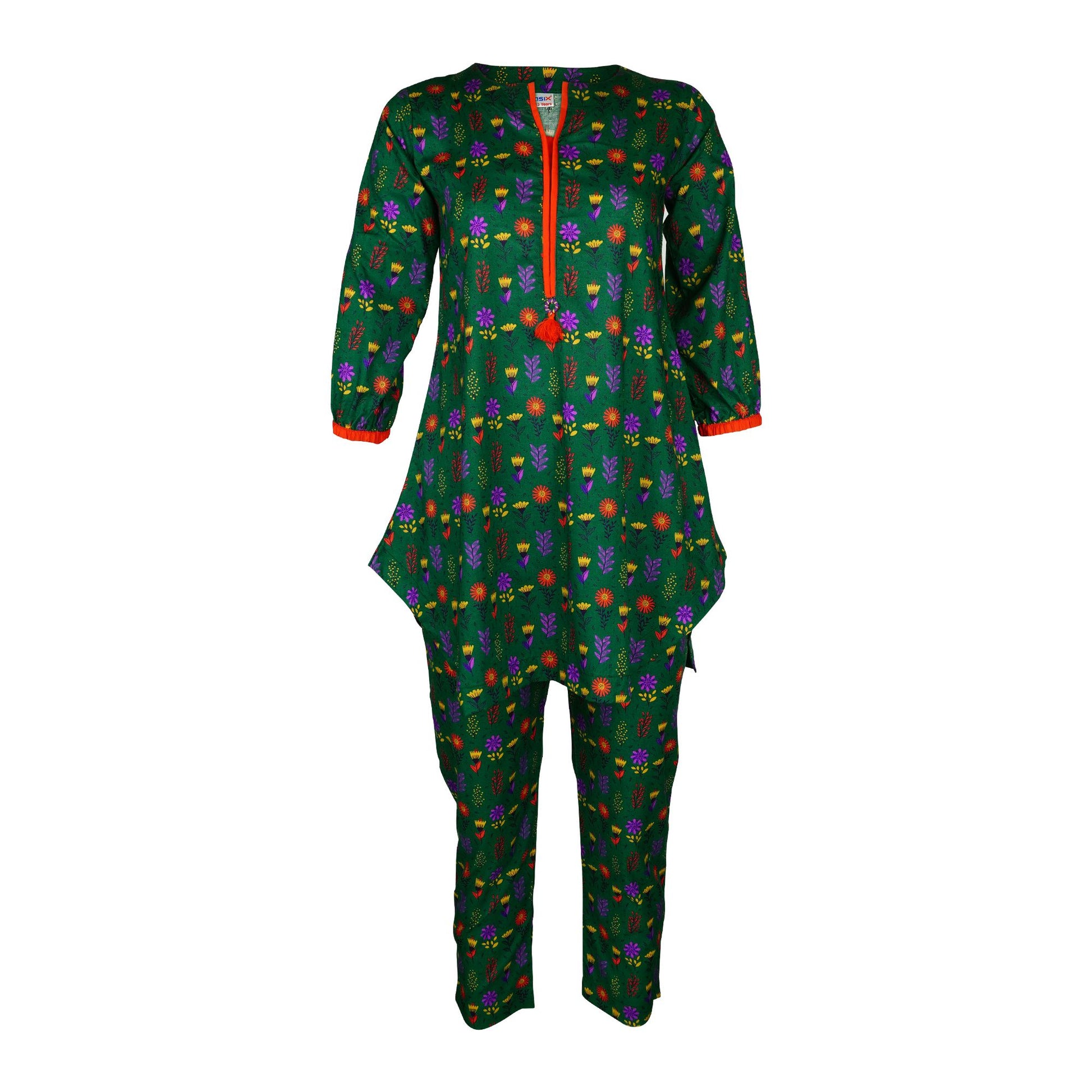 Basix Girls Dark Green Red & Purple Flora Cotton Cambric, 2 Piece - Shirt & Trouser, GRL-160