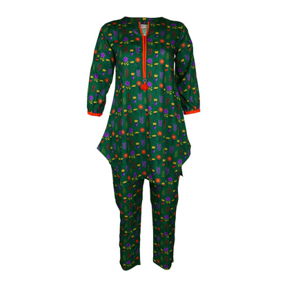 Basix Girls Dark Green Red & Purple Flora Cotton Cambric, 2 Piece - Shirt & Trouser, GRL-160
