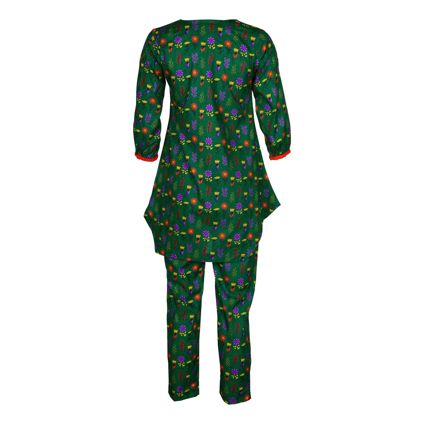 Basix Girls Dark Green Red & Purple Flora Cotton Cambric, 2 Piece - Shirt & Trouser, GRL-160