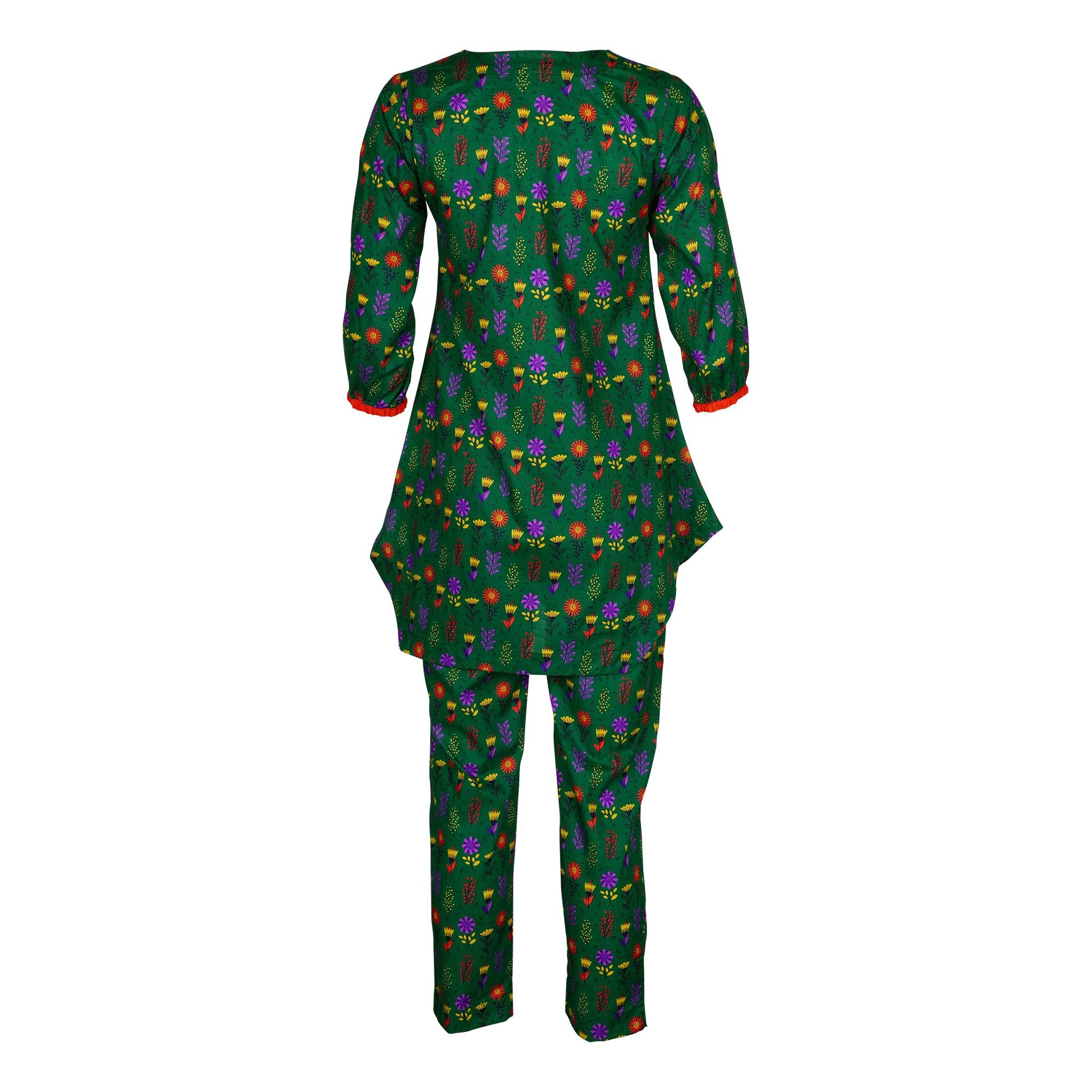Basix Girls Dark Green Red & Purple Flora Cotton Cambric, 2 Piece - Shirt & Trouser, GRL-160