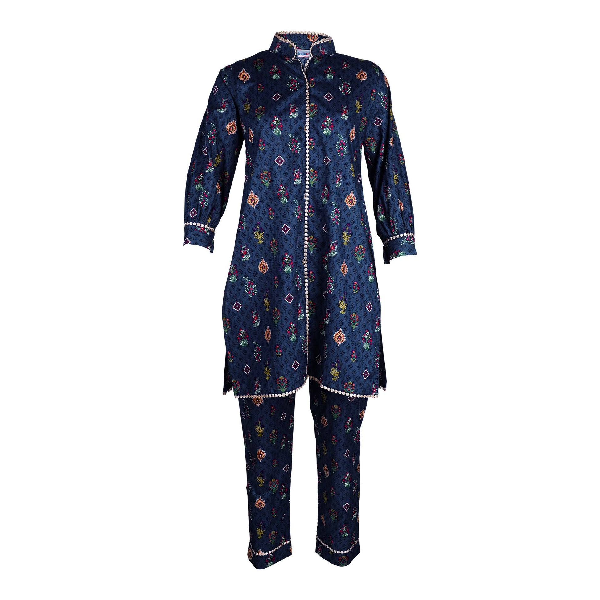Basix Girls Navy Blue Lace Embellished Cotton Cambric, 2 Piece - Shirt & Trouser, GRL-159