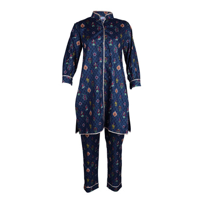 Basix Girls Navy Blue Lace Embellished Cotton Cambric, 2 Piece - Shirt & Trouser, GRL-159