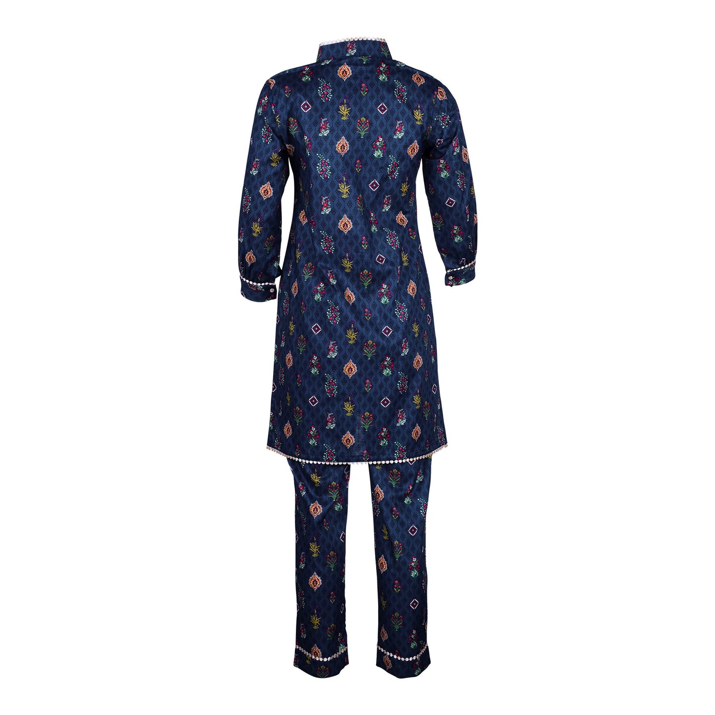 Basix Girls Navy Blue Lace Embellished Cotton Cambric, 2 Piece - Shirt & Trouser, GRL-159