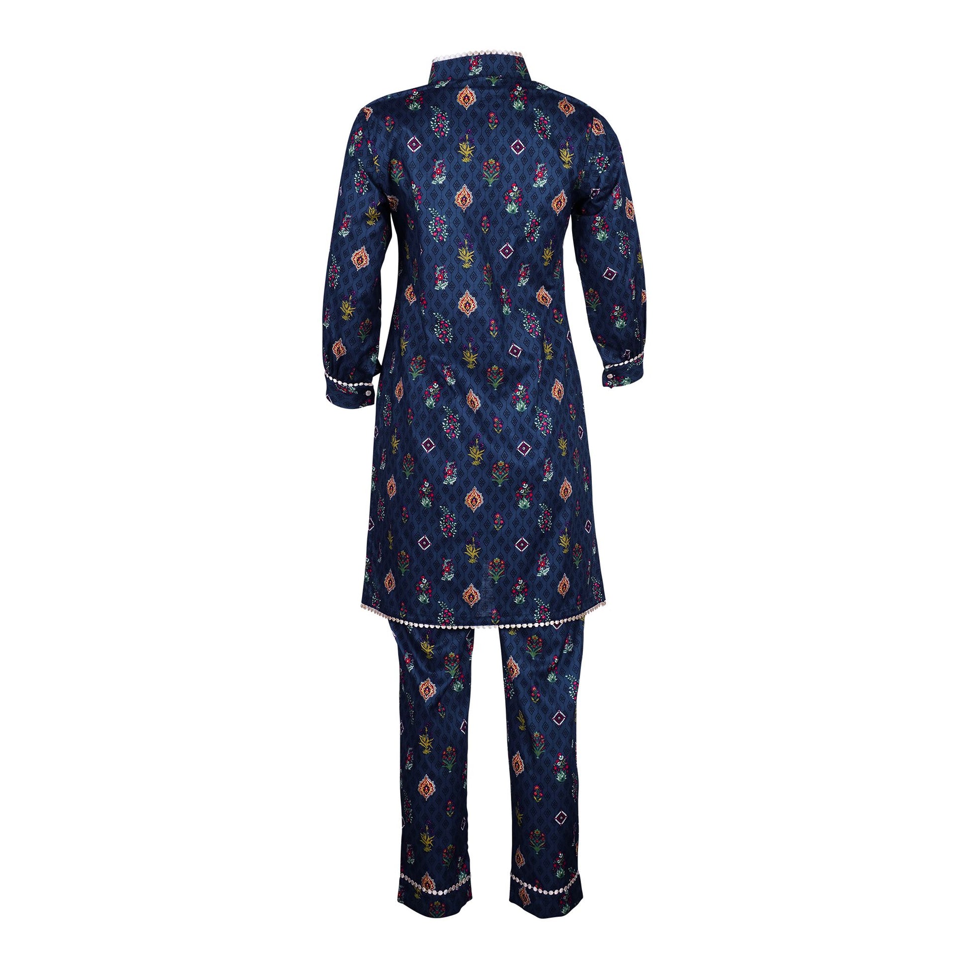 Basix Girls Navy Blue Lace Embellished Cotton Cambric, 2 Piece - Shirt & Trouser, GRL-159