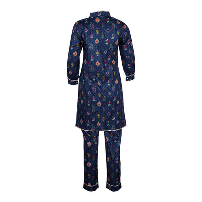 Basix Girls Navy Blue Lace Embellished Cotton Cambric, 2 Piece - Shirt & Trouser, GRL-159