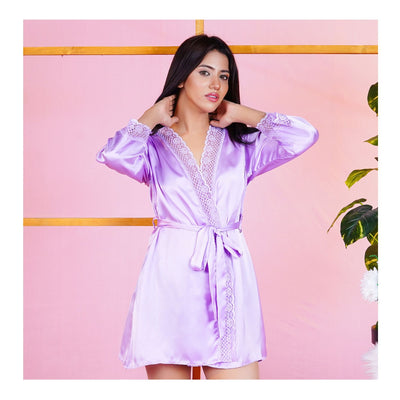 Basix 1-Piece Silk Gown Nightdress With Matching Laces & Belt  Lilac  SG-103