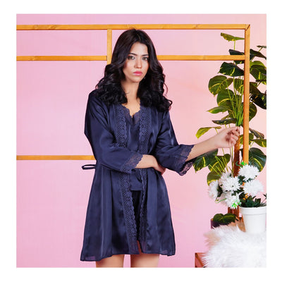 Basix 3-Piece Nightdress With Robe  Camisole & Shorts  Navy Blue  CB-201