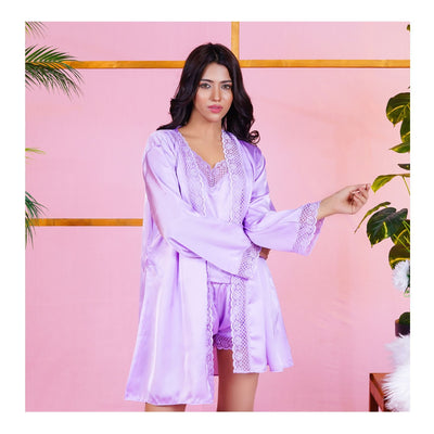 Basix 3-Piece Nightdress With Robe  Camisole & Shorts  Lilac  CB-203