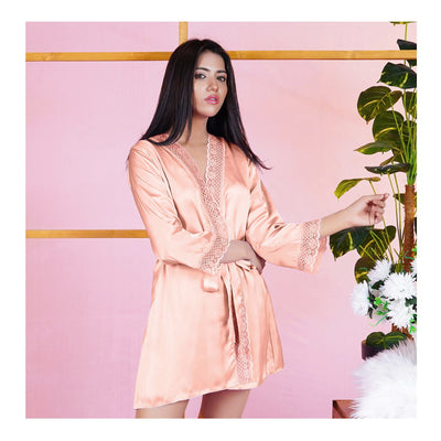 Basix 1-Piece Silk Gown Nightdress With Matching Laces & Belt  Peach  SG-102