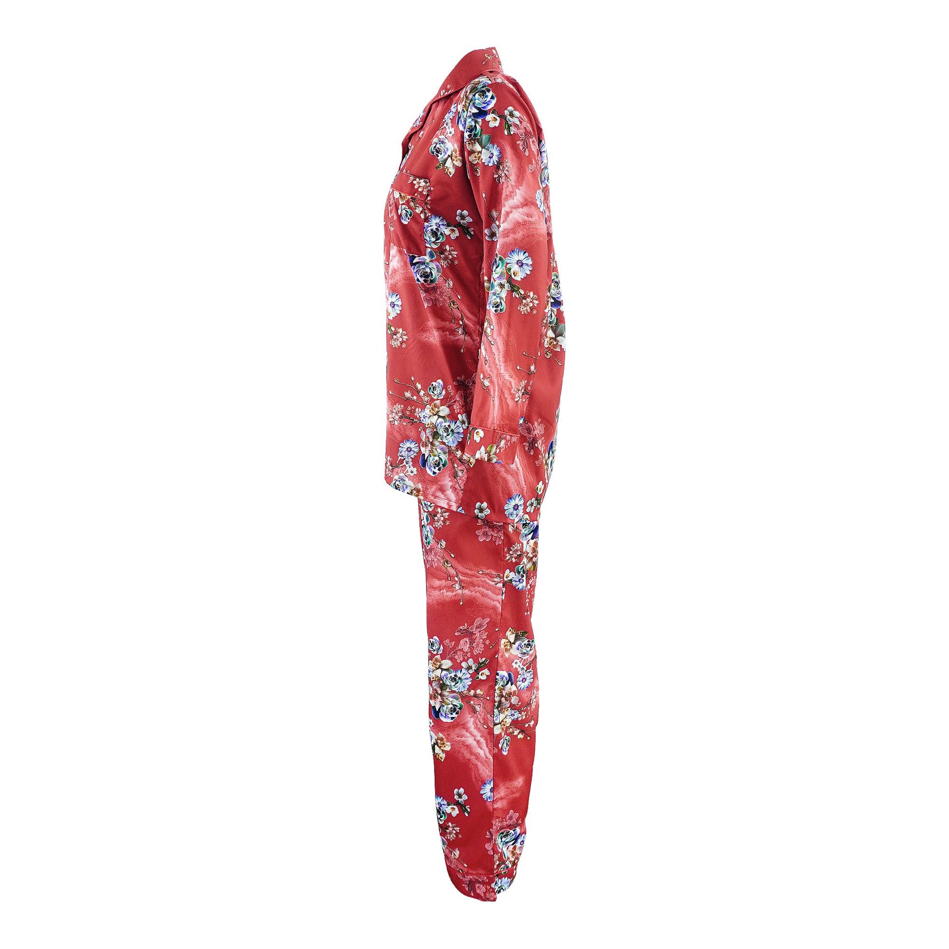 Basix Women's Silk Floral Loungewear Dress, 2-Piece Set, Crimson Red, LW-647
