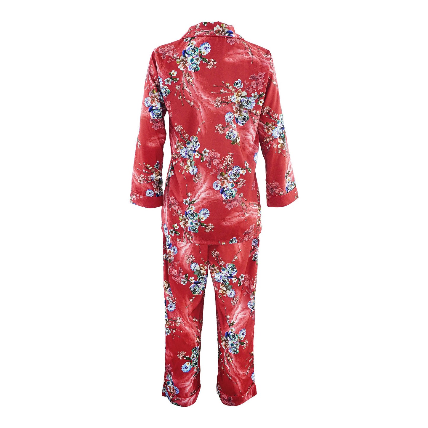 Basix Women's Silk Floral Loungewear Dress, 2-Piece Set, Crimson Red, LW-647