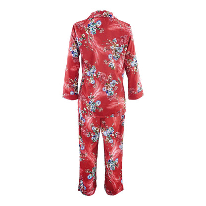 Basix Women's Silk Floral Loungewear Dress, 2-Piece Set, Crimson Red, LW-647