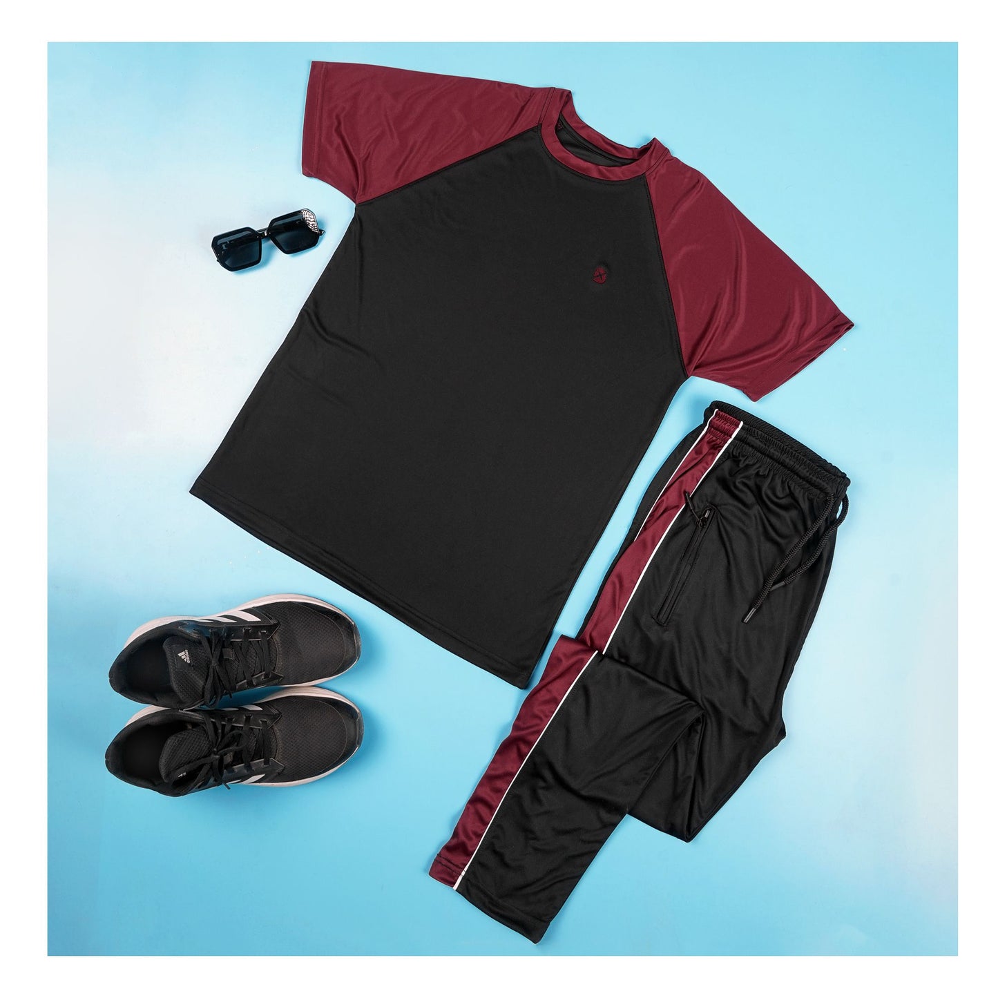 Basix Men's Embroidered Dry Fit Raglan Sleeves Tracksuit, Black & Maroon, TS-202