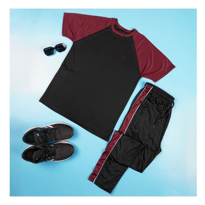 Basix Men's Embroidered Dry Fit Raglan Sleeves Tracksuit, Black & Maroon, TS-202