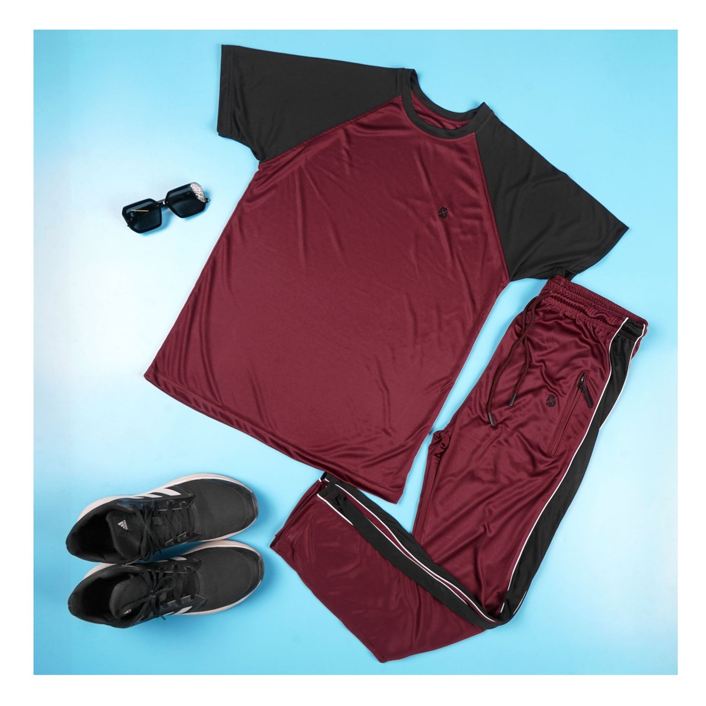 Basix Men's Embroidered Dry Fit Raglan Sleeves Tracksuit, Black & Maroon, TS-203
