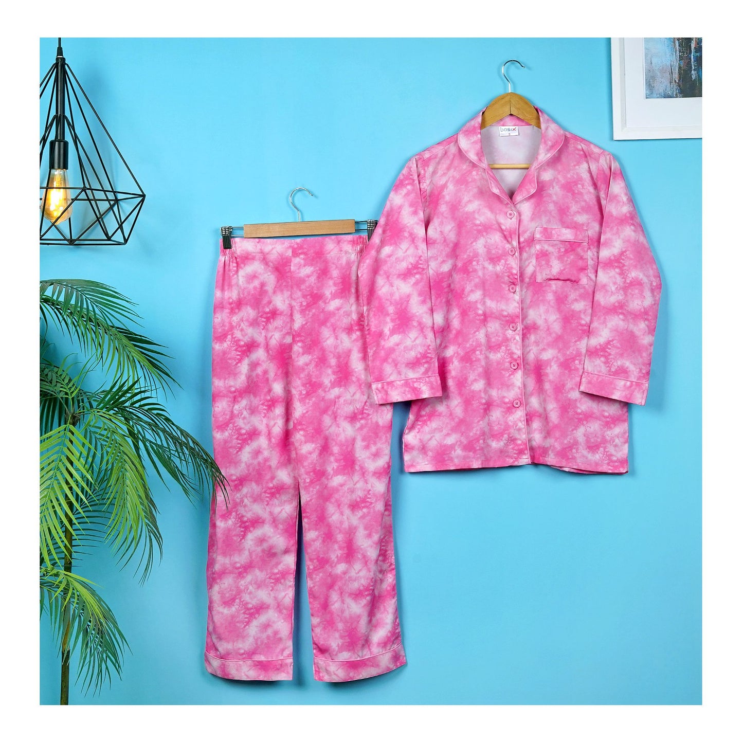 Basix Women's���s Tie & Die Digital Crepe Loungewear Dress, 2-Piece Pajamas Set, Pink & White, LW-651