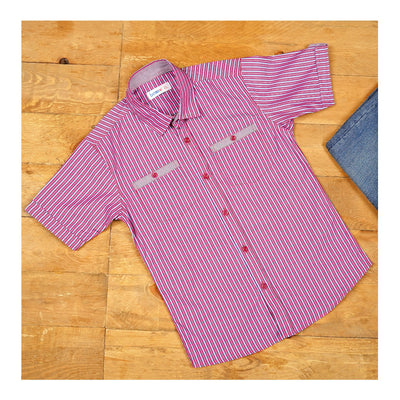 Basix Kids Maroon & Sky Blue Stripes Twin Pocket Short Sleeves Casual Shirt, For Boys, BYS-257