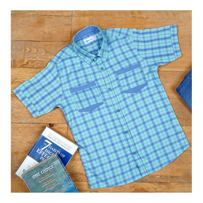 Basix Kids Green & Blue Checkered Twin Pocket Short Sleeves Casual Shirt, For Boys, BYS-258