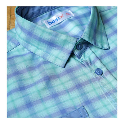 Basix Kids Green & Blue Checkered Twin Pocket Short Sleeves Casual Shirt, For Boys, BYS-258