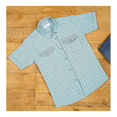 Basix Kids Green Sky Blue&Charcoal Checkered Twin Pocket Short Sleeve Casual Shirt  For Boys  BYS-259