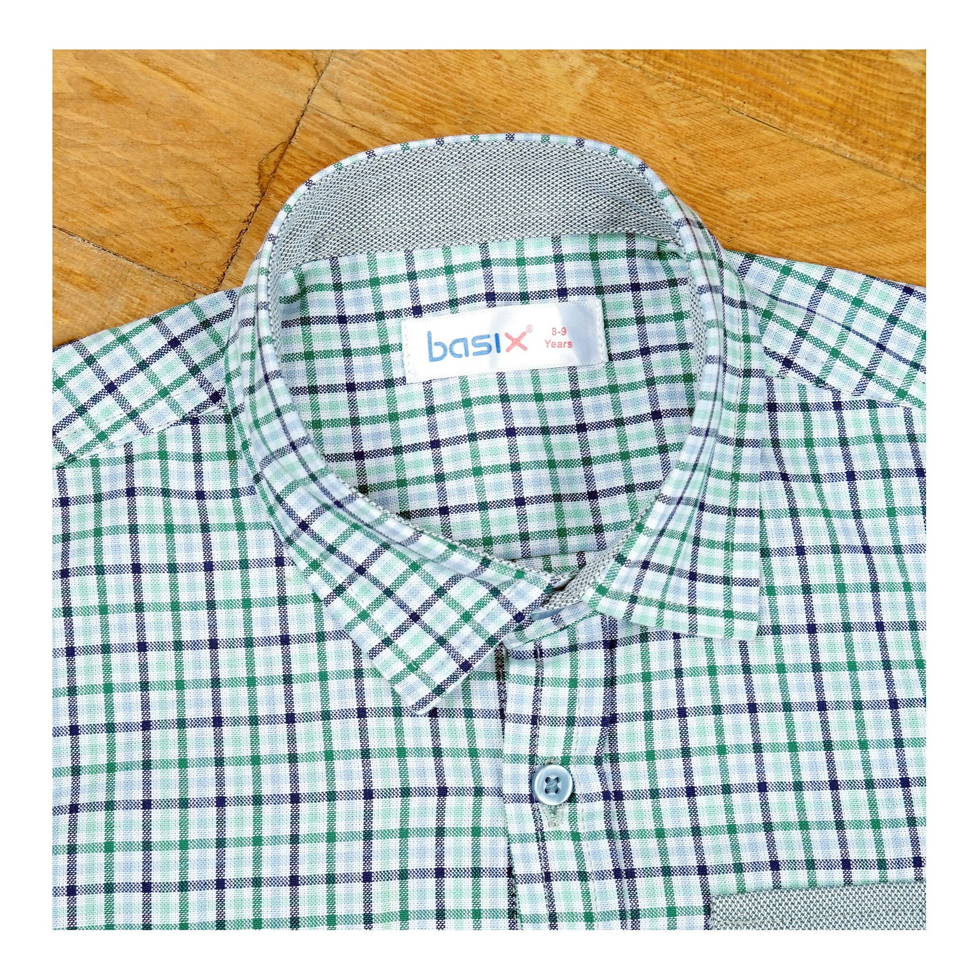 Basix Kids Green Sky Blue&Charcoal Checkered Twin Pocket Short Sleeve Casual Shirt, For Boys, BYS-259