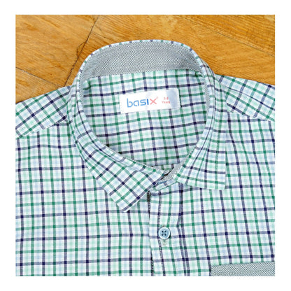 Basix Kids Green Sky Blue&Charcoal Checkered Twin Pocket Short Sleeve Casual Shirt, For Boys, BYS-259