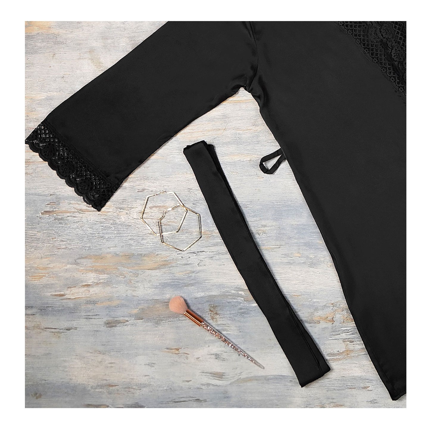 Basix Black Silk Gown With Matching Lace & Belt, SG-106