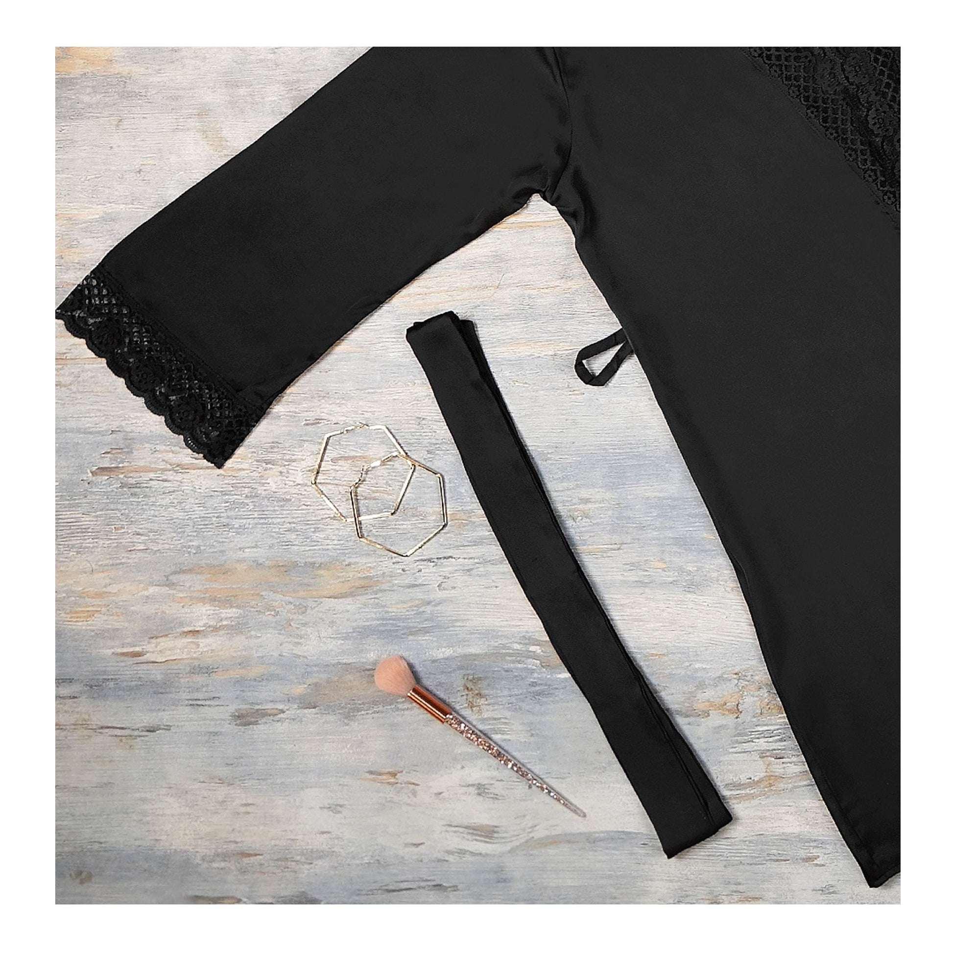 Basix Black Silk Gown With Matching Lace & Belt, SG-106