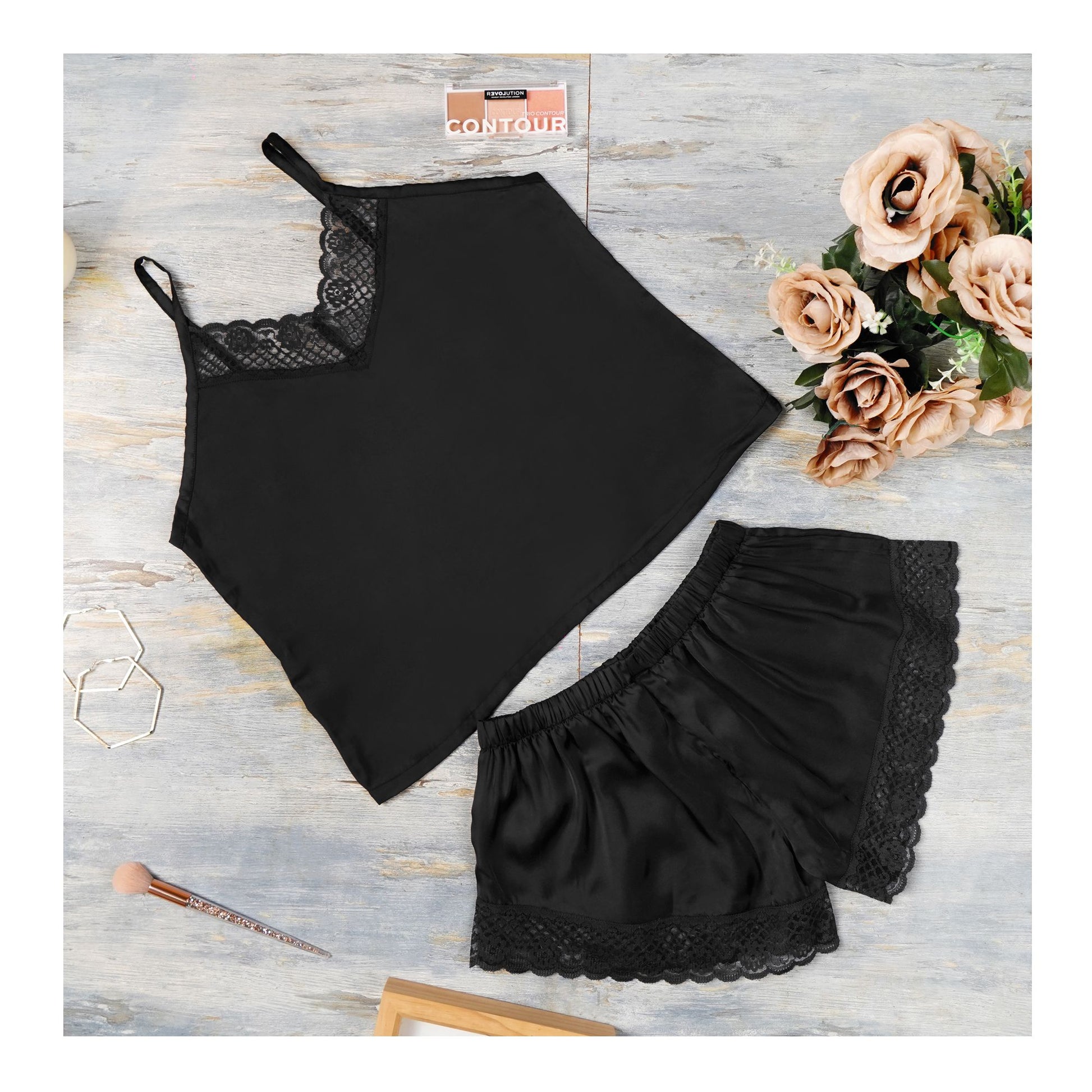 Basix Black 2 Piece Camisole Set With Matching Lace, CS-123