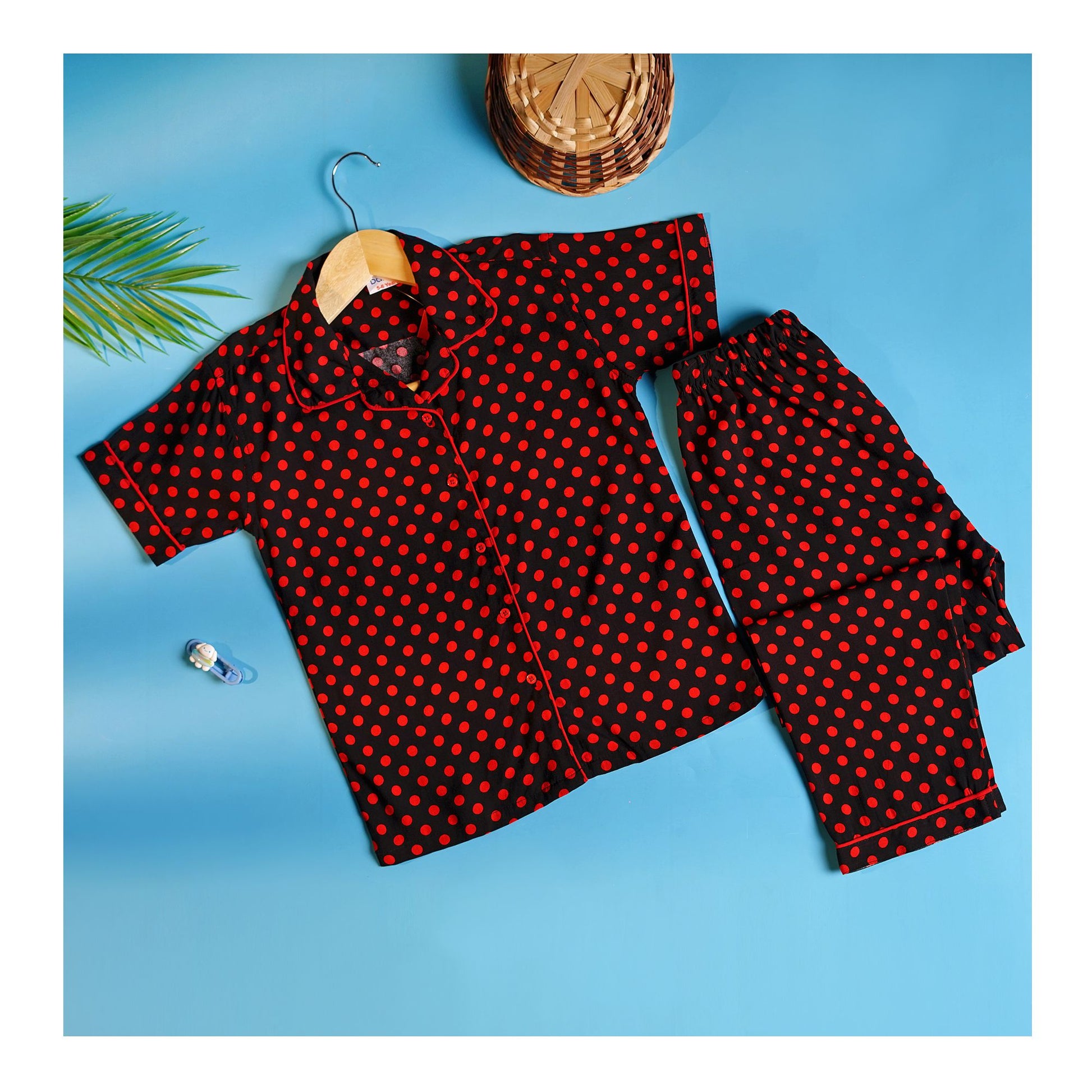 Basix Black & Red Polka Dots Short Sleeves Nightwear, 2-Piece Set, GRL-182