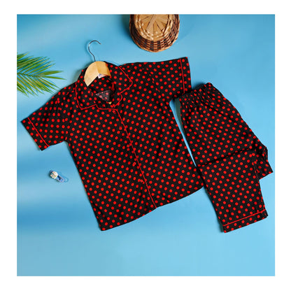 Basix Black & Red Polka Dots Short Sleeves Nightwear, 2-Piece Set, GRL-182