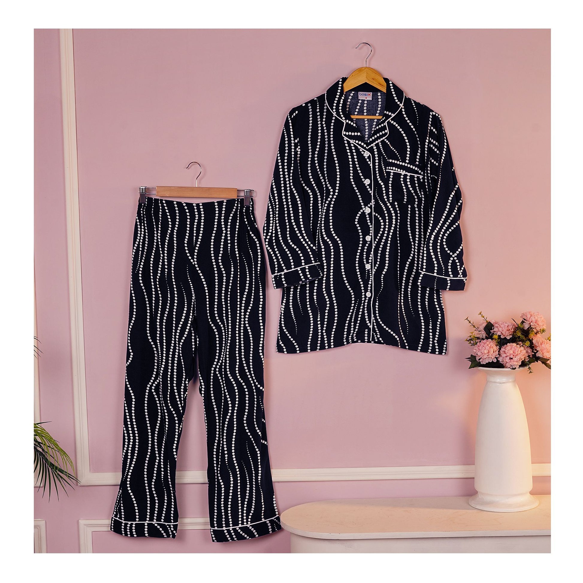 Basix Women's Navy Blue With White Ripples Loungewear, 2-Piece Set, LW-661