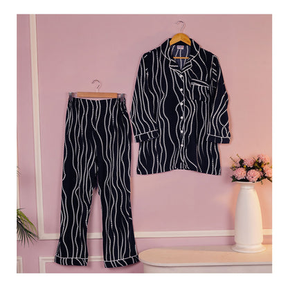 Basix Women's Navy Blue With White Ripples Loungewear, 2-Piece Set, LW-661