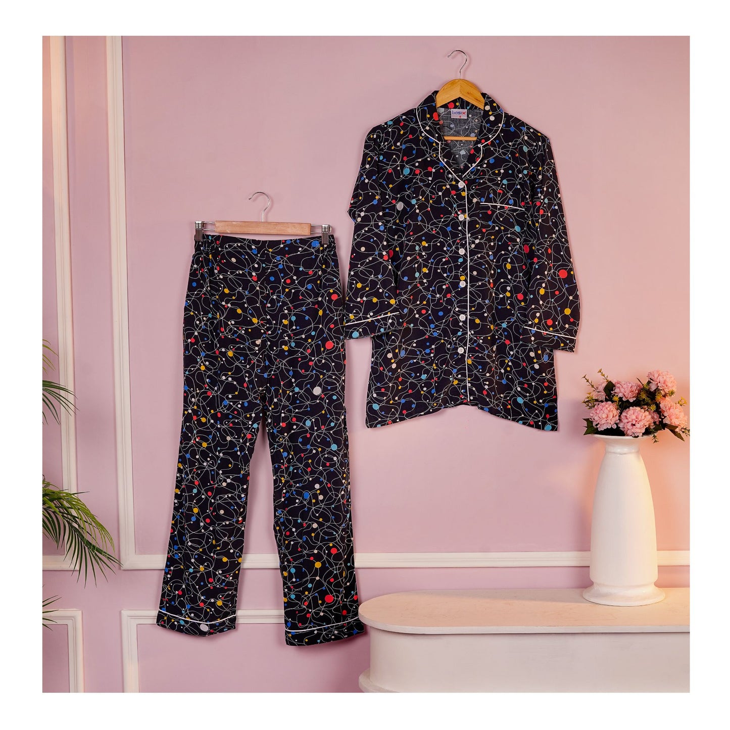 Basix Women's Navy With Colored Polka Dots Loungewear, 2-Piece Set, LW-662