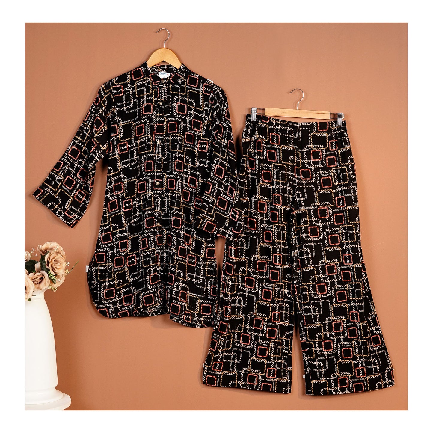 Basix Women's Black Geometric Patterns Viscose Fabric Relax Fit Fusion, Co-Ord Set, CORD-114
