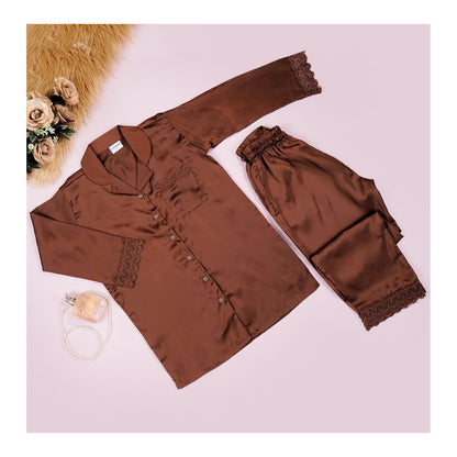 Basix Women's Dark Brown Full Sleeves Shirt & Trouser With Lace, 2-Piece, SW-119