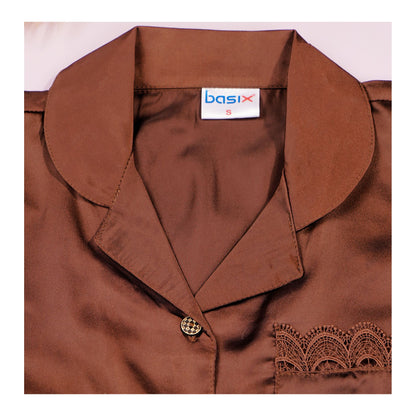Basix Women's Dark Brown Full Sleeves Shirt & Trouser With Lace, 2-Piece, SW-119
