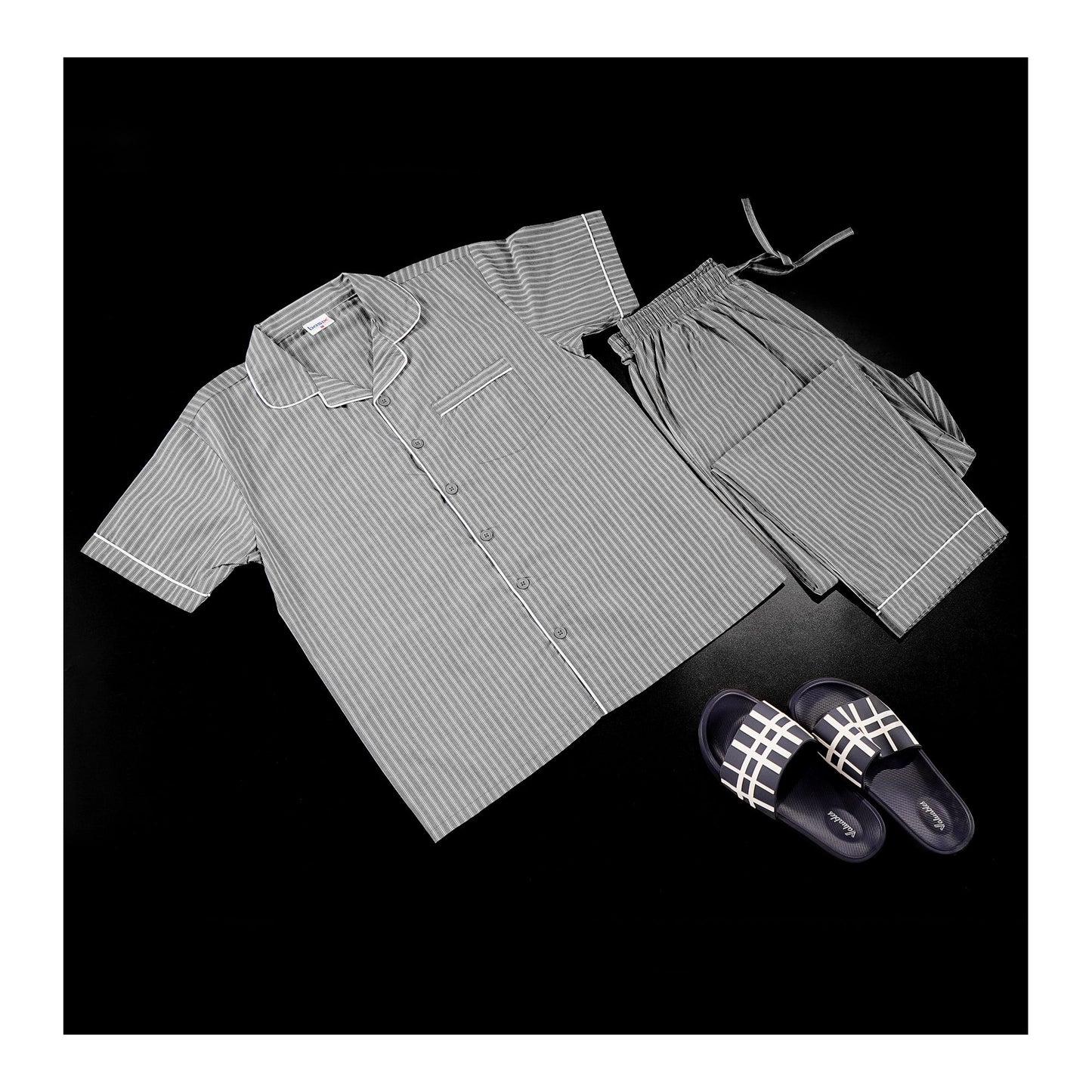Basix Men's Grey & White Stripes Short Sleeves Loungewear, 2-Piece Set, LW-833