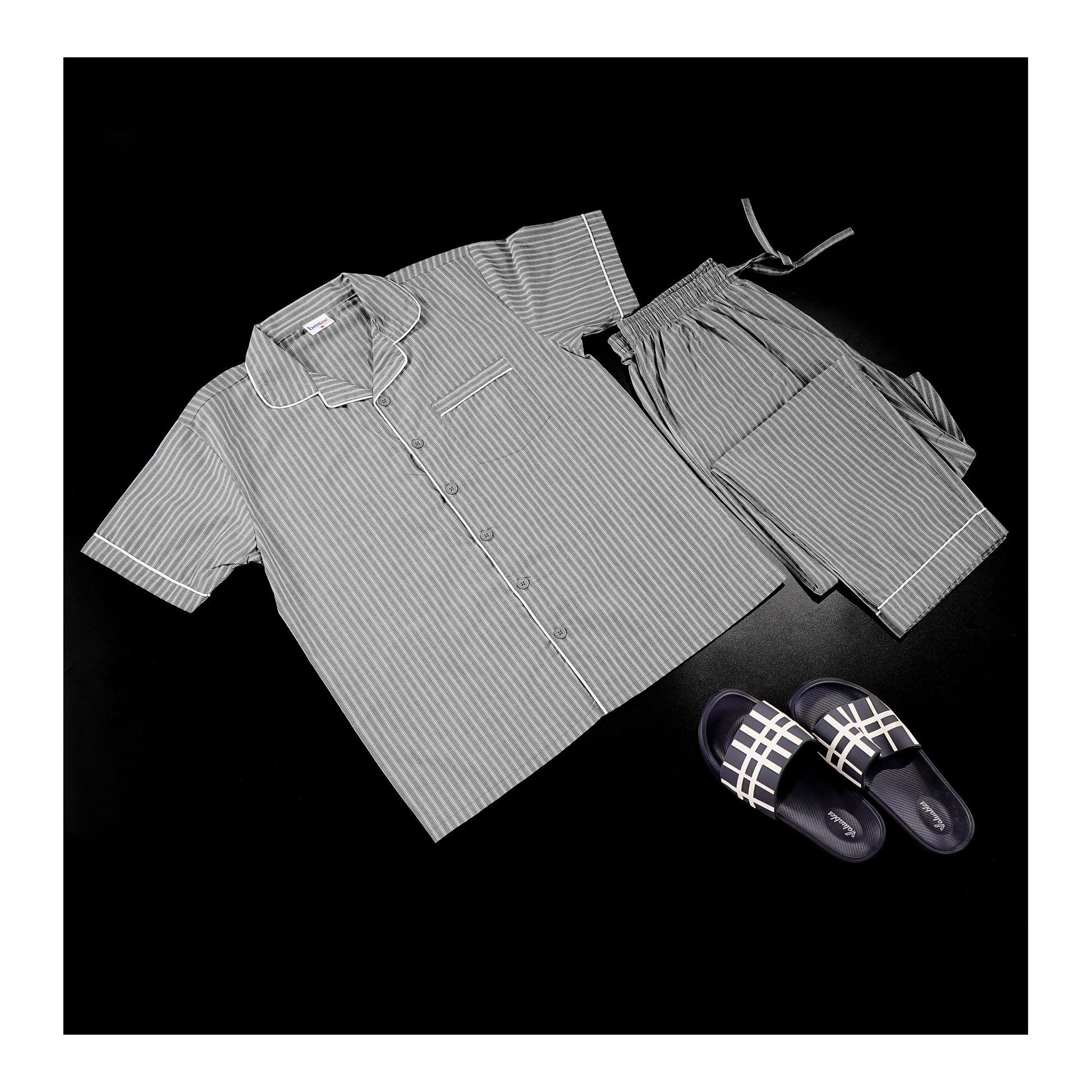 Basix Men's Grey & White Stripes Short Sleeves Loungewear, 2-Piece Set, LW-833