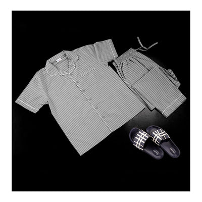 Basix Men's Grey & White Stripes Short Sleeves Loungewear, 2-Piece Set, LW-833