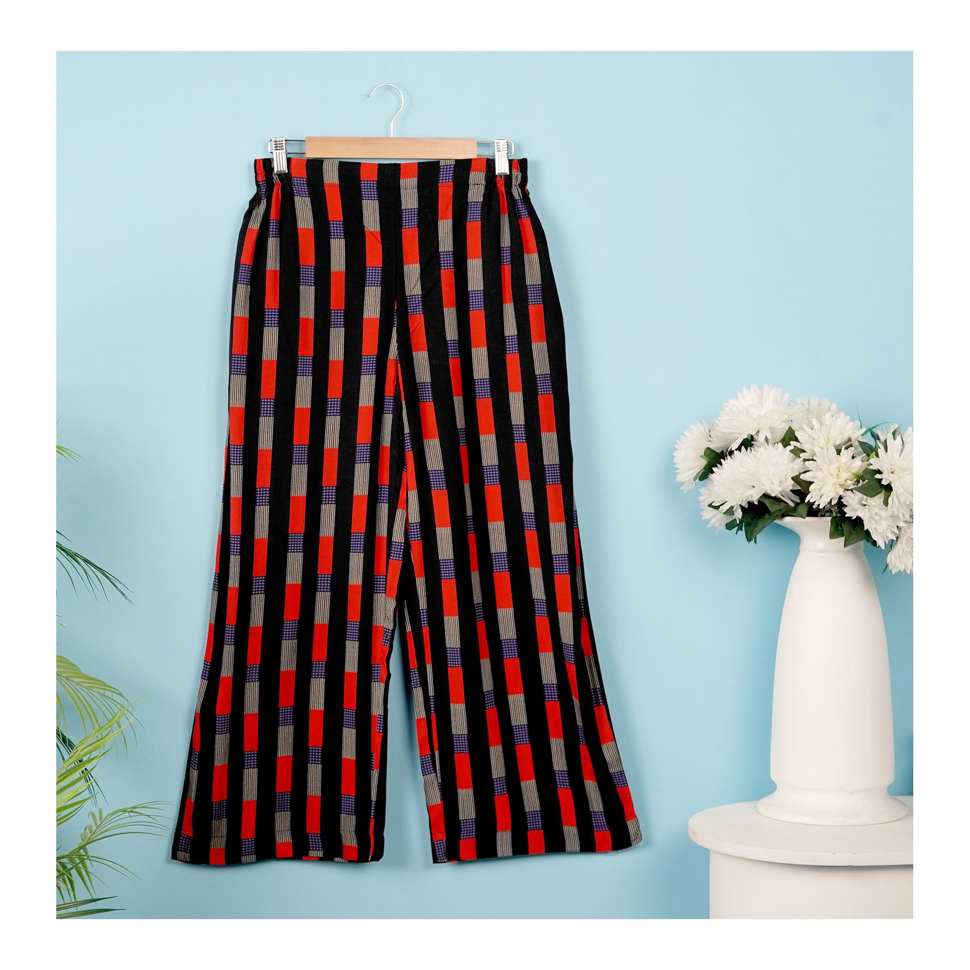 Basix Women's Twin Pocket Black Grey & Red Geometric Boxes, Palazzos, LT-617